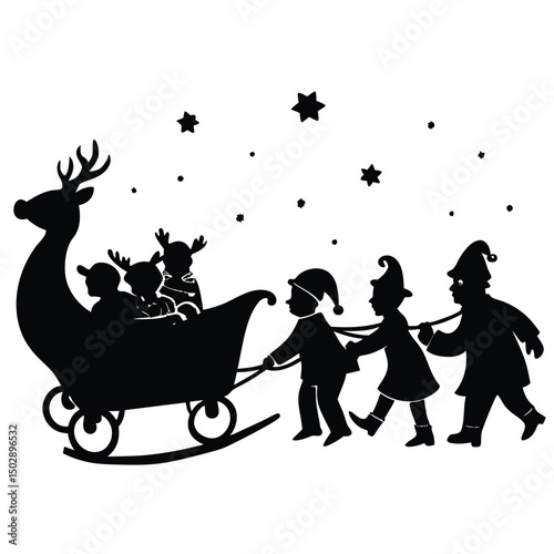 Santa's sleigh stuck in the snow with a group of kids  