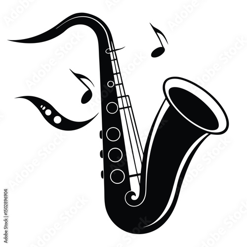 Saxophone silhouette with swirling music notes  