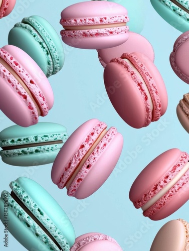 Seamless pattern of colorful macarons on a light blue background. there are multiple macaroons of different colors - pink, blue, green, and light pink - arranged in a random and overlapping manner.
