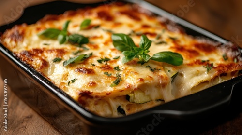 A mouthwatering lasagna filled with layers of creamy cheese and fresh ingredients, beautifully baked until golden brown, perfect for showcasing culinary warmth and comfort.