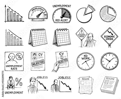 unemployment rate concept. Unemployment-themed illustrations depicting various related concepts.
