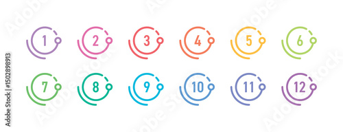 Colored circles inside numbers 1-12. Numbers 1-12 concept for education, technology and business
