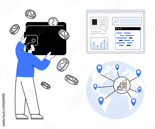 Person lifting a large digital wallet with coins, a world map showcasing global supply chain points, and a data analytics dashboard. Ideal for finance, logistics, e-commerce, global trade