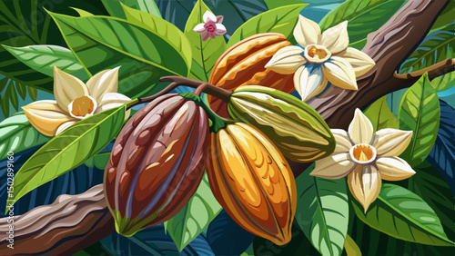 Cacao flowers bloom delicately on the growing cocoa tree trunk, captured in a stunning macro view. These cocoa flowers reveal nature’s fine detail and tropical beauty in close-up serenity.