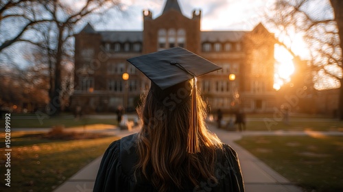 Girl with long brown hair wearing graduation cap and gown standing on campus at sunset, buildings in background, looking to distant horizon symbolizing academic achievement and future hopes.