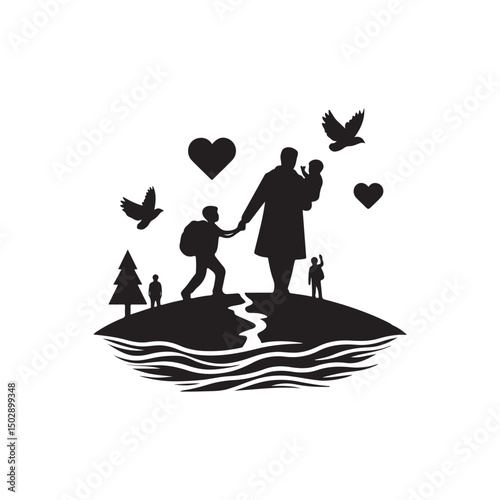 International Refugee Day Silhouette Vector Illustration, Solid White Background.