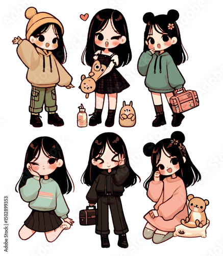 set of cartoon little girls in fashion style