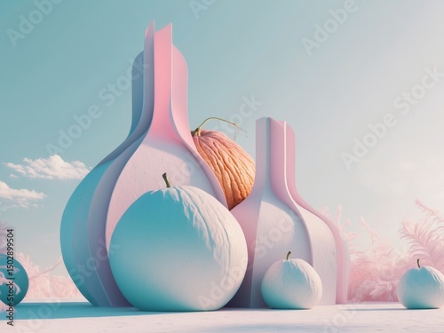 Pastel Still Life with Pumpkins and Architectural Forms Under a Gentle Blue Sky
