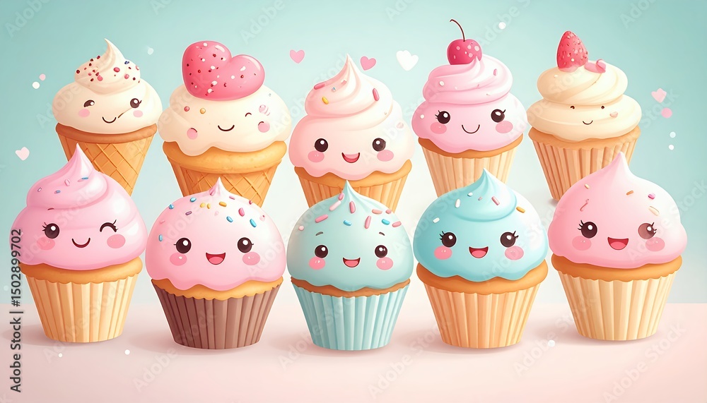 Adorable kawaii-style dessert characters including smiling cupcakes, donuts, and ice cream on a light background.
Adorable kawaii-style dessert characters including smiling cupcakes, donuts, and ice cream on a light background.