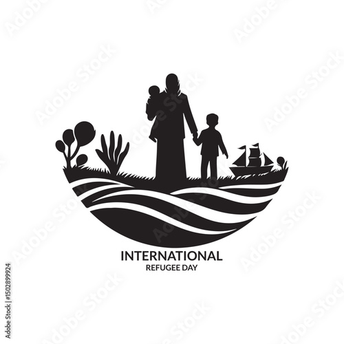 International Refugee Day Silhouette Vector Illustration, Solid White Background.