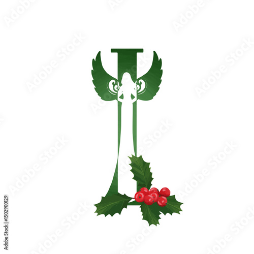 Christmas angel family monogram. Letter I on white background