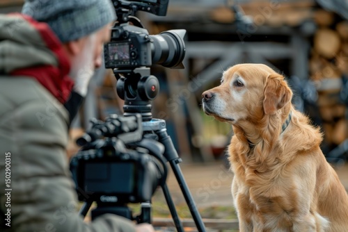 A golden retriever interacts with a cameraman during an outdoor shoot in the early morning light. The dog is taking part in the filming. photo