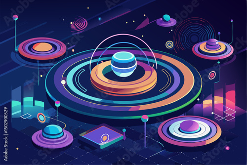 Modern digital abstract background featuring a dynamic gradient of vibrant neon colors including blue, red, pink, and orange. Vertical light stripes create a sense of depth and motion, making it perfe