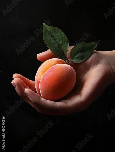Close-up of a person's hand holding two peaches. the peaches are bright orange in color and appear to be fresh. the hand is gently cupped around the peaches, with the fingers slightly spread apart.