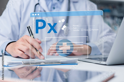 Doctor writing on paper with digital prescription interface. Concept of electronic medical record, e-prescription, healthcare innovation, and modern telemedicine technology.