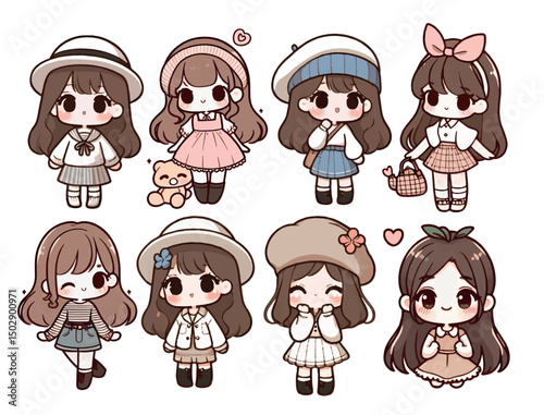 set of funny cartoon people, cute girls in fashion, chibi characters 