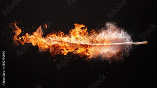 An artistic depiction of a feather caught ablaze, creating mesmerizing flames and smoke, symbolizing transformation, creativity, and the beauty of contrasting elements.