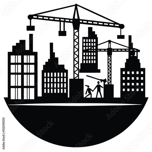a construction site in a growing city with cranes and machinery