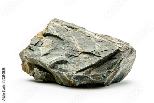 Gray rock, irregular shape, textured surface, natural stone.  Rough, solid, weighty, geological specimen, isolated against white background
