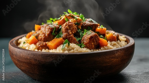 A warm plate of savory couscous adorned with tender meat and colorful vegetables, exuding a rich aroma that captures the essence of traditional culinary experiences.