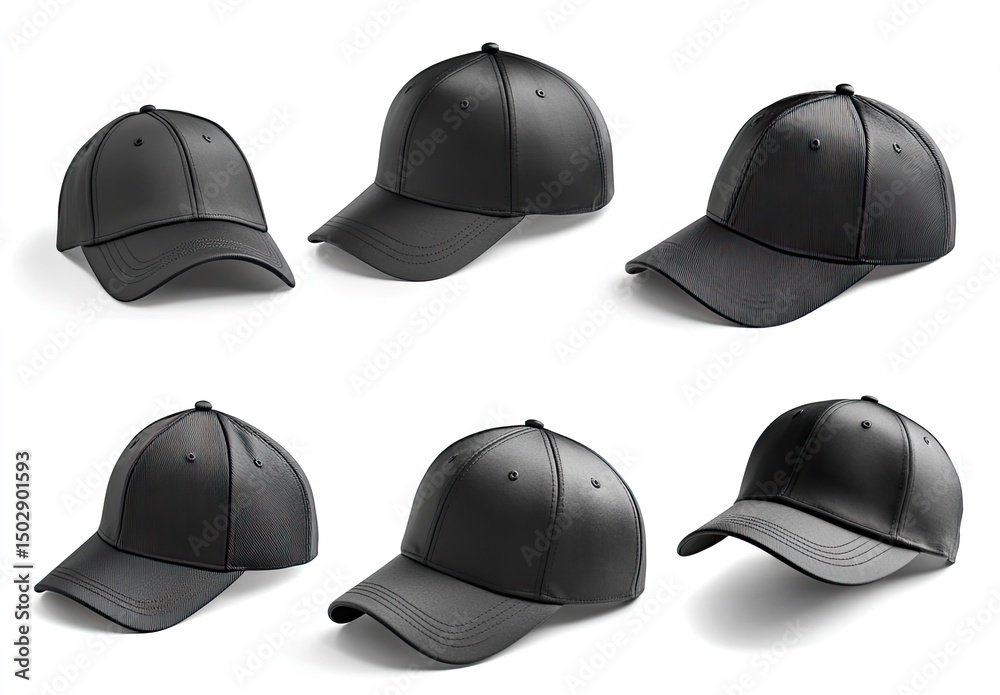 Six black baseball caps, various angles. Different perspectives of stylish, modern, black caps. Textured, likely synthetic, material. Ideal for showcasing designs Six black baseball caps, various angles. Different perspectives of stylish, modern, black caps. Textured, likely synthetic, material. Ideal for showcasing designs