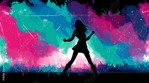カラフルな背景とステージで踊るアイドルのベクターイラスト
