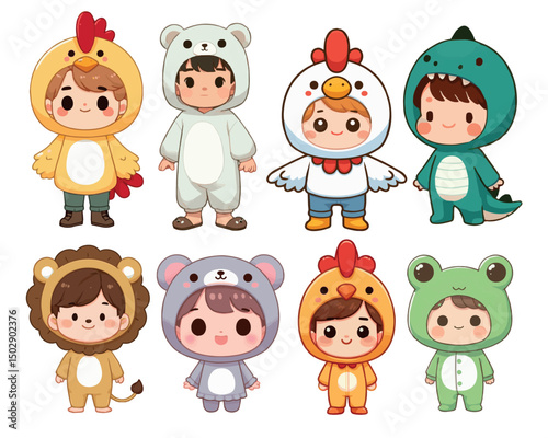 set of funny cartoon animals, set of cute children with animals costume 