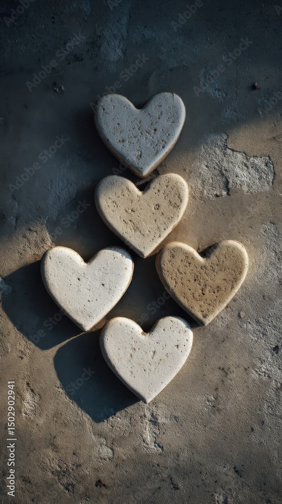 Obraz premium Heart-shaped stones arranged artistically on a textured surface during daylight