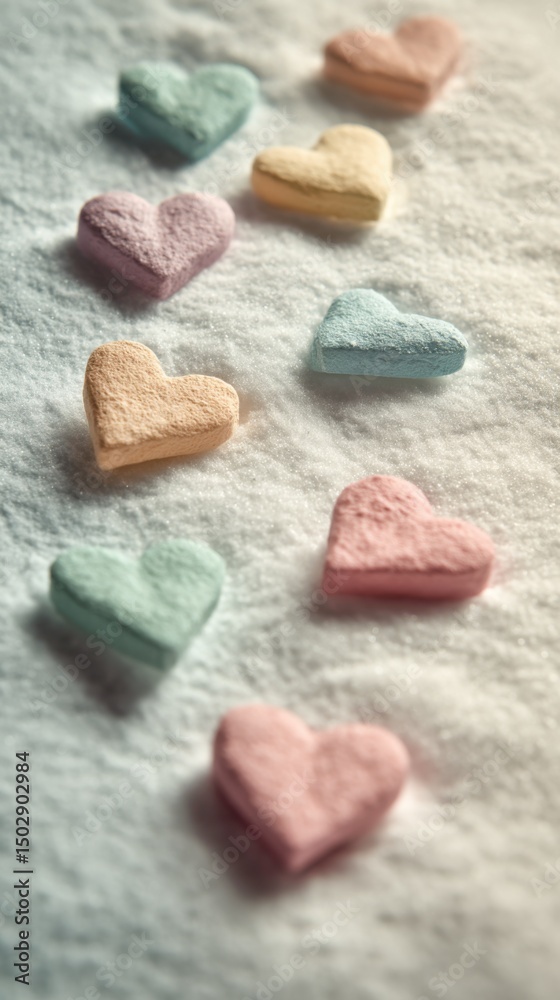 Obraz premium Colorful heart-shaped candies arranged on a textured background for a playful sweet display during a celebration or event