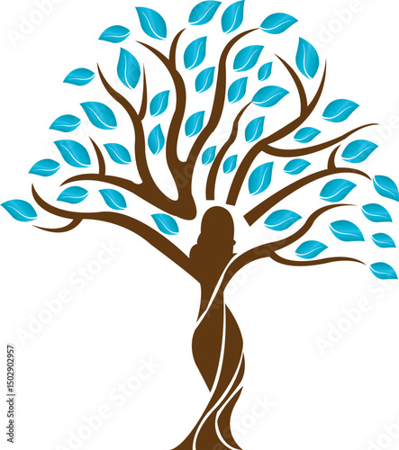Artistic tree design with a feminine figure as the trunk, symbolizing nature, growth, and womanhood. Elegant brown branches with turquoise leaves on a white background.
