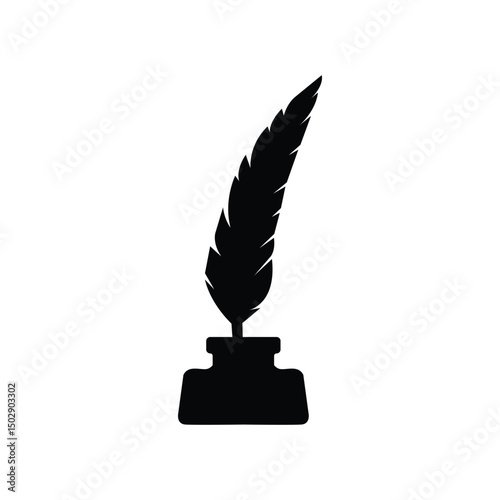 Amazing feather pen with inkpot silhouette vector art illustration.