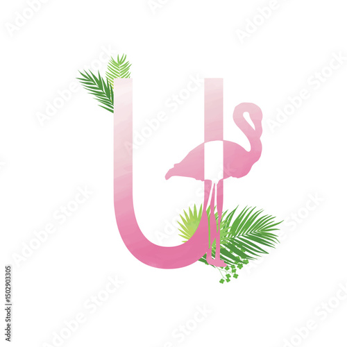Flamingo summer family monogram. Latin letter U on white background