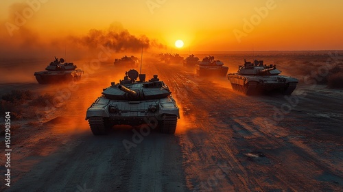 Military tanks advancing through a desert landscape at sunset, creating a dramatic scene with dust clouds rising