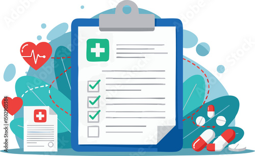 Vector flat illustration Medical Checkup Checklist, Healthcare Forms, Doctor's Appointment, Patient Records, Health Management
