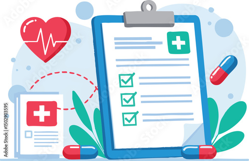 Vector Flat Illustration Medical Checkup Checklist - Healthcare, Wellness, and Doctor's Appointment
