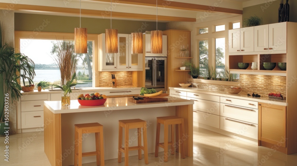 Fototapeta premium A modern kitchen with light wood cabinets and white trim.