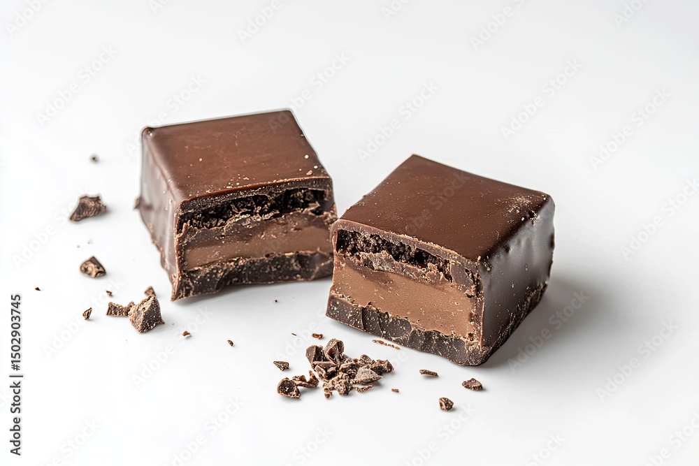 Two dark chocolate squares, filled with creamy nougat Two dark chocolate squares, filled with creamy nougat