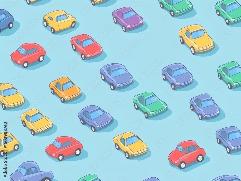 Colorful Isometric Cars Pattern on Light Blue Background Colorful Isometric Cars Pattern on Light Blue Background