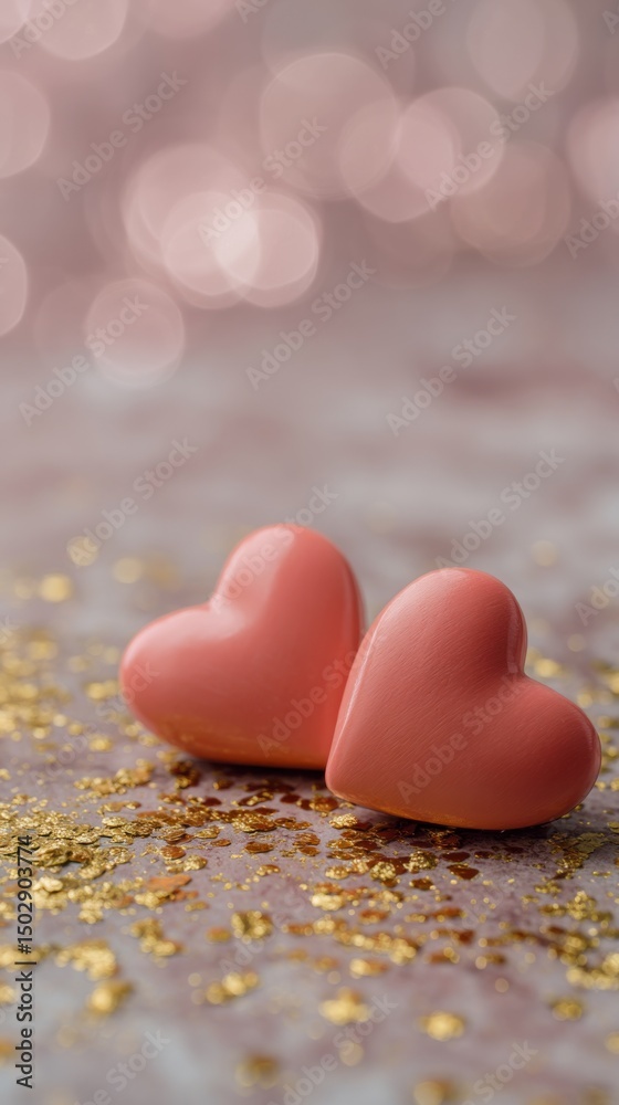 Obraz premium Heart-shaped candies on a glittery surface create a romantic atmosphere for celebrations and special occasions