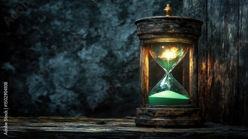 An antique hourglass with green sand illuminated in soft light, symbolizing the passage of time and reflection in a rustic setting