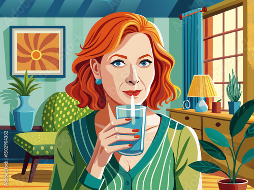 vector of Portrait of mature redhead woman drinking water in living room