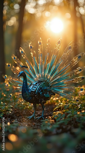 A close-up image of a decorative peacock figurine with a glowing sun behind it, set against a blurred natural background.