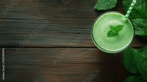 A vibrant green smoothie elegantly presented with a mint garnish, placed on a wooden background, embodying health and vitality for culinary enthusiasts.