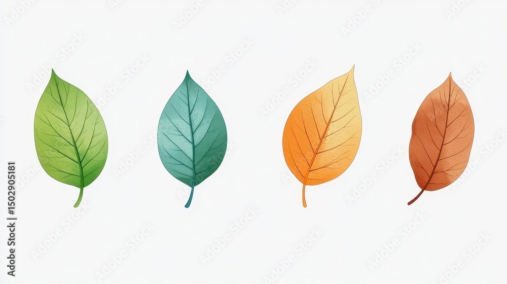 Obraz premium Four Watercolor Leaves in Autumn Colors on White Background