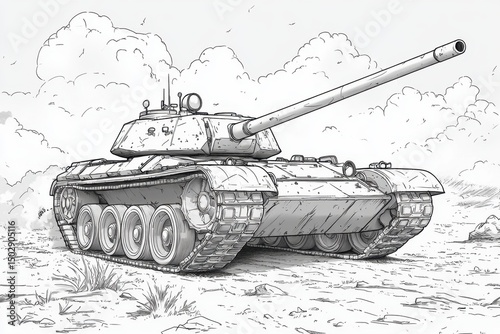 Penciled Illustration of a Military Tank, Detailed Drawing of Armored Vehicle