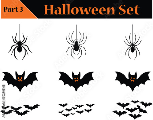 Halloween Vector Set Hanging Spider and Bat, Halloween Day Concept