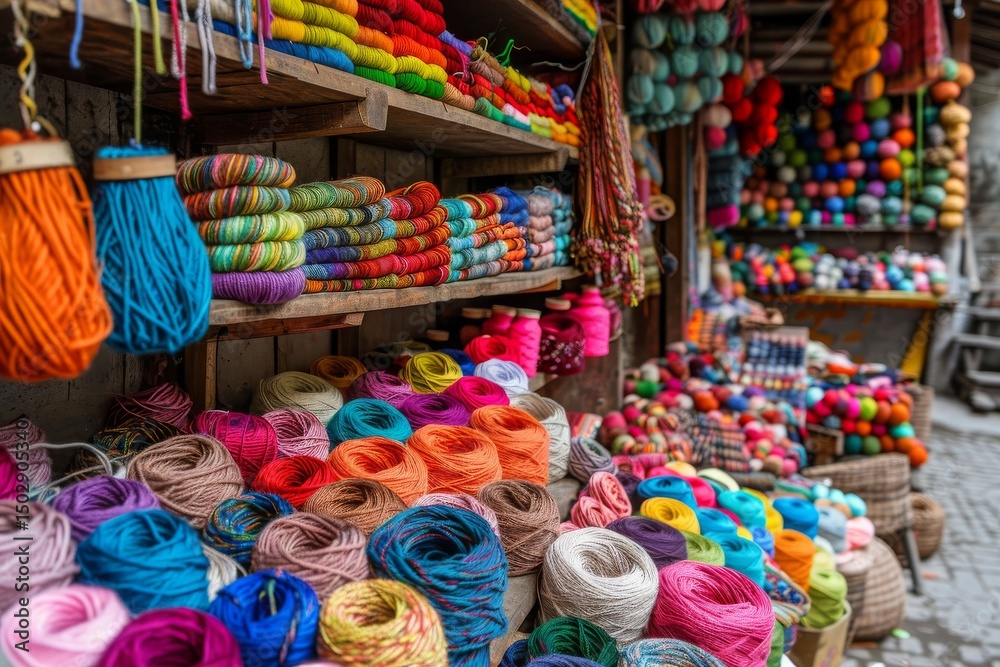 Fototapeta premium A collection of brightly colored yarn balls on display in a market stall