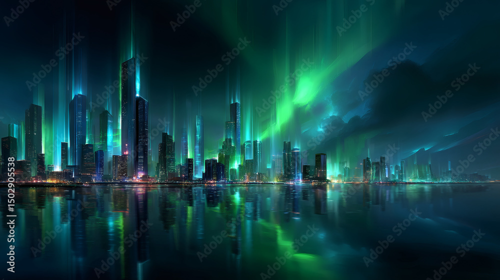 Obraz premium Futuristic city skyline glowing under vibrant green lights, reflected in a calm waterfront at night.