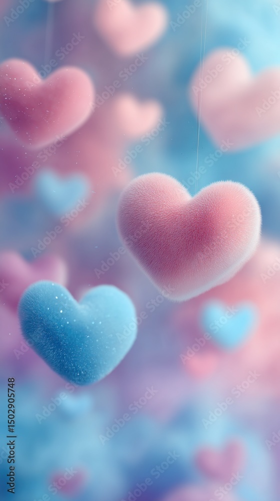 Fototapeta premium Colorful hanging hearts create a whimsical atmosphere in a dreamy setting filled with soft pastel hues