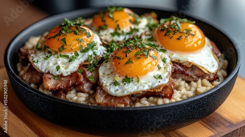 A delectable rice bowl garnished with crispy bacon and perfectly cooked golden eggs, exemplifying comfort food that pleases the senses and satisfies hunger.